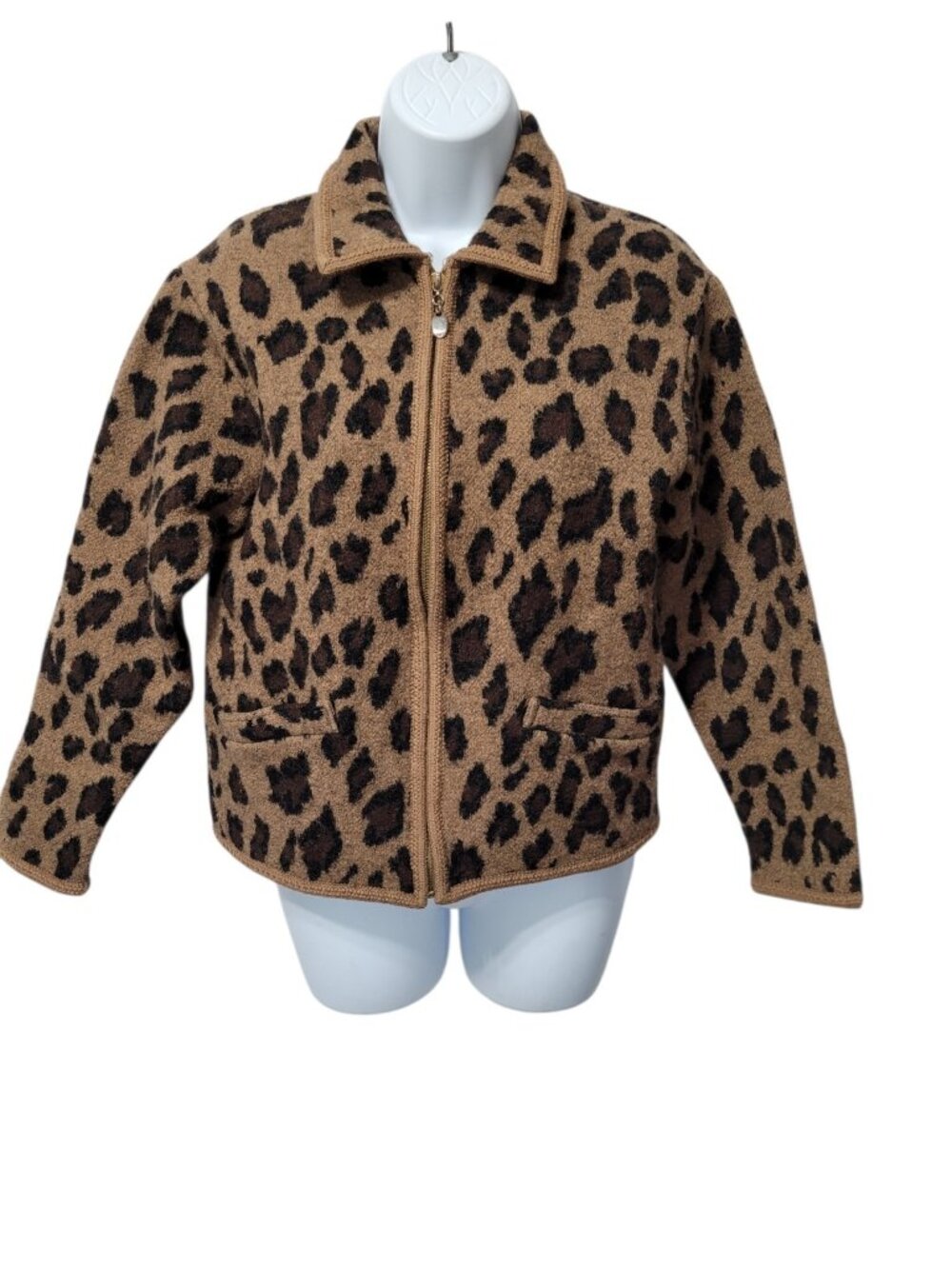 Vintage Lisa International Jacket M Boiled Wool Animal Print Full Zip Pockets - Picture 1 of 11